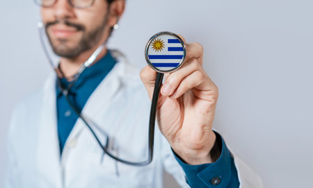 Doctor holding stethoscope with Uruguay flag. Uruguay health and care concept. Uruguay flag on stethoscopeの写真素材