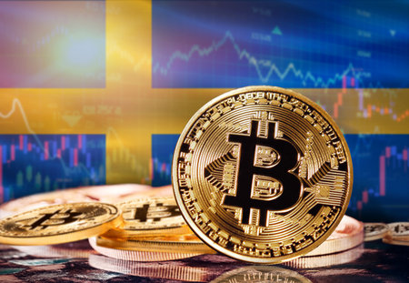 Bitcoin with Sweden flag in the background. Investors in cryptocurrency and Blockchain Technology in Sweden, Conceptの写真素材