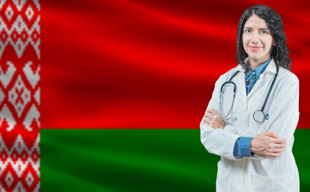 Belarusian medicine and healthcare concept. Close up of doctor against Belarus flag backgroundの写真素材