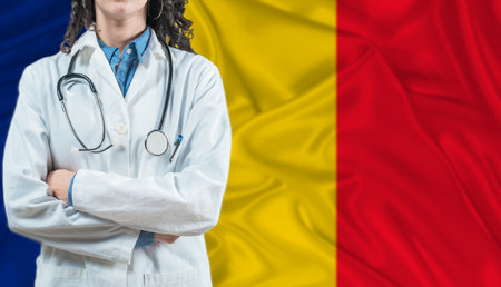 Medical professional on Romania flag. Healthcare and wellness in Romania, Conceptの写真素材