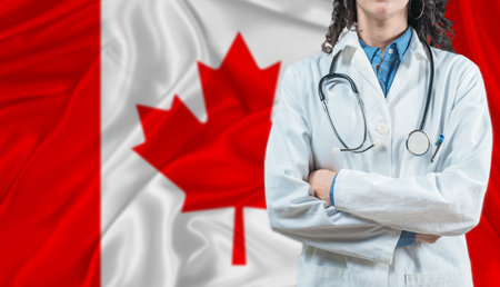Medical professional on Canada flag. Healthcare and wellness in Canada, Conceptの写真素材