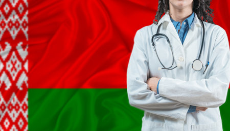 Medical professional on Belarus flag. Healthcare and wellness in Belarus, Conceptの写真素材