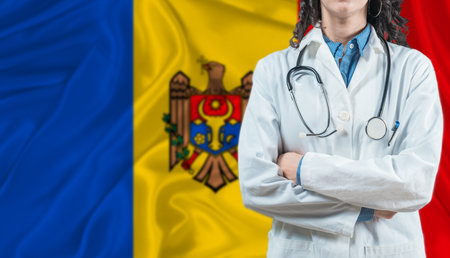 Medical professional on Moldova flag. Healthcare and wellness in Moldova, Conceptの写真素材