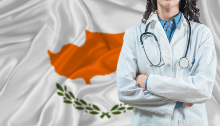 Medical professional on Cyprus flag. Healthcare and wellness in Cyprus, Conceptの写真素材