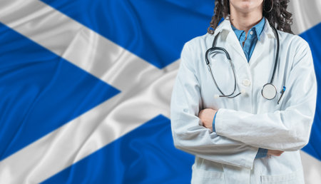 Medical professional on Scotland flag. Healthcare and wellness in Scotland, Conceptの写真素材