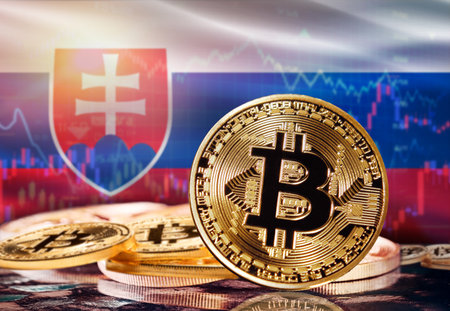 Bitcoin with Slovakia flag in the background. Investors in cryptocurrency and Blockchain Technology in Slovakia, Conceptの写真素材