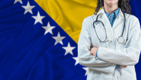 Medical professional on Bosnia flag. Healthcare and wellness in Bosnia, Conceptの写真素材