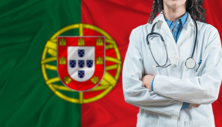 Medical professional on Portuguese flag. Healthcare and wellness in Portugal, Conceptの写真素材