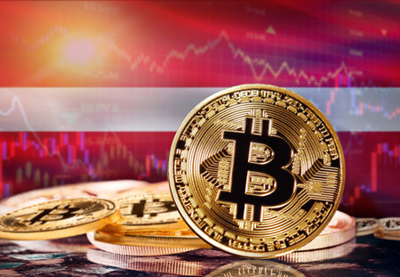 Bitcoin with Latvia flag in the background. Investors in cryptocurrency and Blockchain Technology in Latvia, Conceptの写真素材
