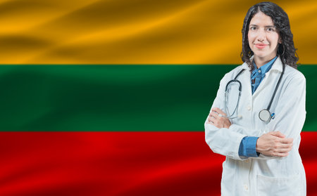 Lithuanian medicine and healthcare concept. Close up of doctor against Lithuania flag backgroundの写真素材