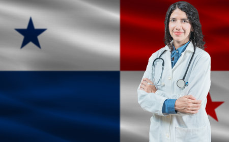 Panamanian medicine and healthcare concept. Close up of doctor against Panama flag backgroundの写真素材