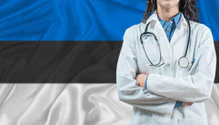 Medical professional on Estonia flag. Healthcare and wellness in Estonia, Conceptの写真素材