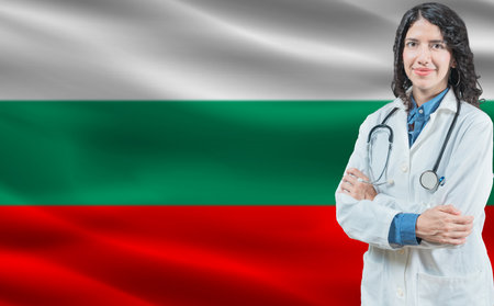 Bulgarian medicine and healthcare concept. Close up of doctor against Bulgaria flag backgroundの写真素材