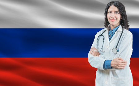 Russian medicine and healthcare concept. Close up of doctor against Russia flag backgroundの写真素材