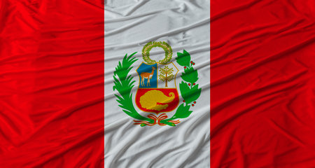 Peruvian flag waving. Flag of Peru with cloth textureの写真素材