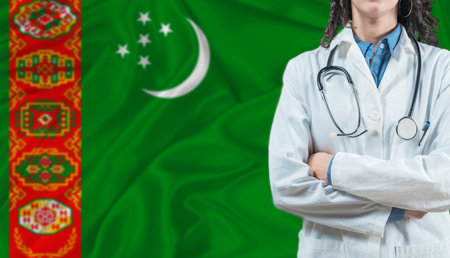 Medical professional on Turkmenistan flag. Healthcare and wellness in Turkmenistan, Conceptの写真素材