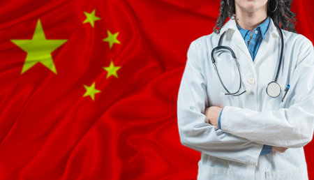 Medical professional on Chinese flag. Healthcare and wellness in China, Conceptの写真素材