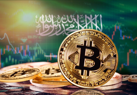 Bitcoin with Saudi Arabia flag in the background. Investors in cryptocurrency and Blockchain Technology in Saudi Arabia, Conceptの写真素材