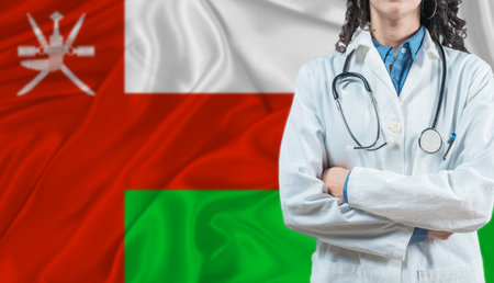 Medical professional on Omani flag. Healthcare and wellness in Oman, Conceptの写真素材