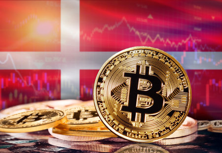 Bitcoin with Denmark flag in the background. Investors in cryptocurrency and Blockchain Technology in Denmark, Conceptの写真素材