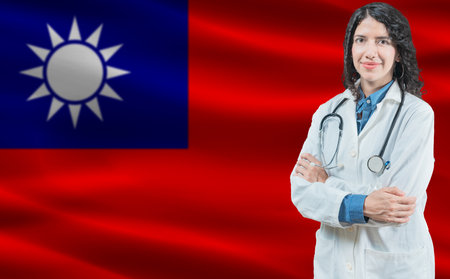 Taiwanese medicine and healthcare concept. Close up of doctor against Taiwan flag backgroundの写真素材