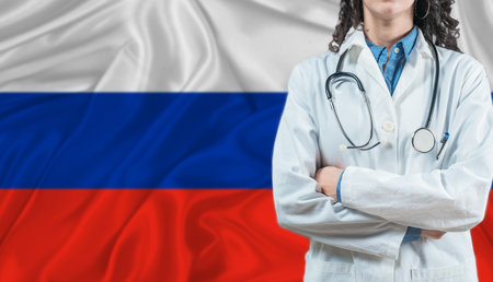 Medical professional on Russian flag. Healthcare and wellness in Russia, Conceptの写真素材