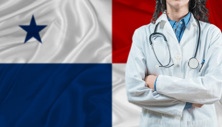 Medical professional on Panamanian flag. Healthcare and wellness in Panama, Conceptの写真素材