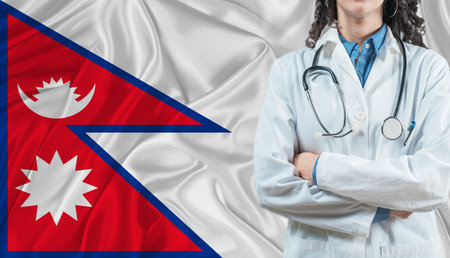 Medical professional on Nepali flag. Healthcare and wellness in Nepal, Conceptの写真素材