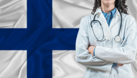 Medical professional on Finland flag. Healthcare and wellness in Finland, Conceptの写真素材