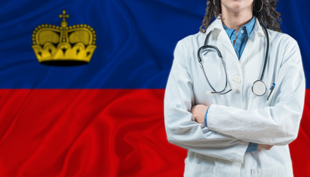 Medical professional on Liechtenstein flag. Healthcare and wellness in Liechtenstein, Conceptの写真素材