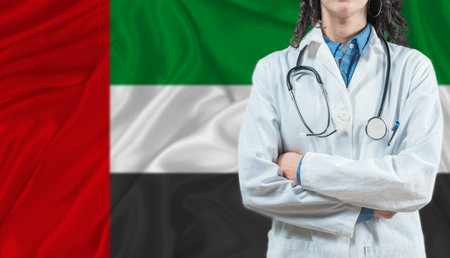 Medical professional on United Arab Emirates flag. Healthcare and wellness in United Arab Emirates, Conceptの写真素材