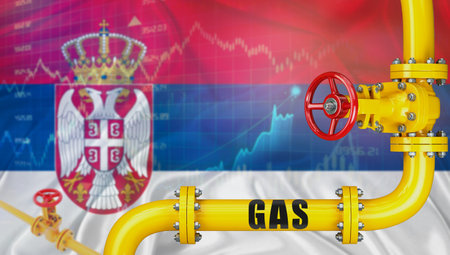 Gas pipeline with Serbia flag in the background. Gas production with Serbian flag on market chartの写真素材