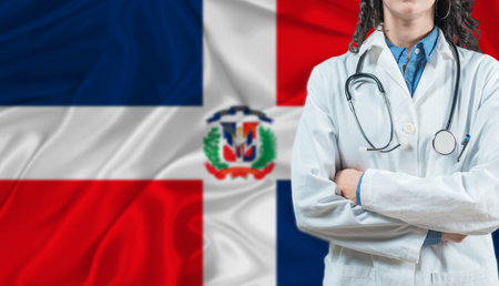Medical professional on Dominican Republic flag. Healthcare and wellness in Dominican Republic, Conceptの写真素材