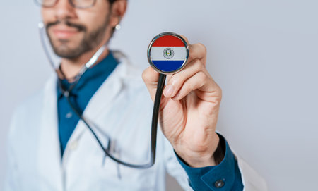 Doctor holding stethoscope with Paraguay flag. Paraguay health and care concept. Paraguay flag on stethoscopeの写真素材