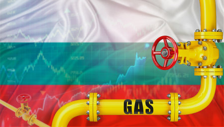 Gas pipeline with Bulgaria flag in the background. Gas production with Bulgarian flag on market chartの写真素材