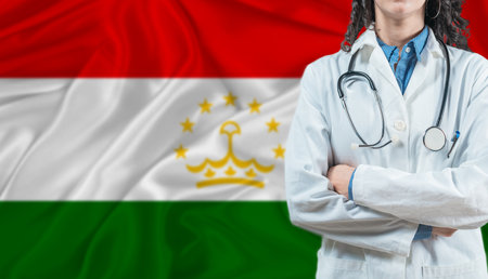 Medical professional on Tajikistan flag. Healthcare and wellness in Tajikistan, Conceptの写真素材