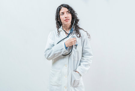 Doctor listening to her heart with stethoscope, isolated. Female doctor with stethoscope on her chest listening to her heartの写真素材