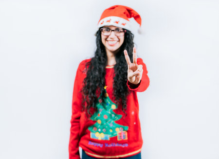 Happy girl in Christmas hat counting number two, isolated. Smiling girl in Christmas sweater counting number 2の写真素材