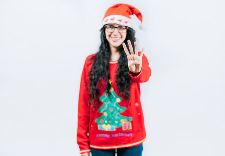 Smiling girl in Christmas sweater counting number 4. Happy girl in Christmas hat counting number FOUR, isolatedの写真素材