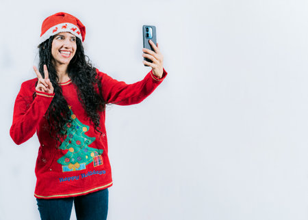 Happy young latin woman in Christmas sweater taking selfies isolated. Funny girl in Christmas hat and sweater taking selfie, isolatedの写真素材