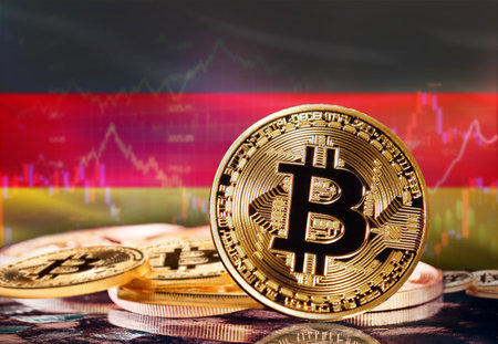 Bitcoin with Germany flag in the background. Investors in cryptocurrency and Blockchain Technology in Germany, Conceptの写真素材