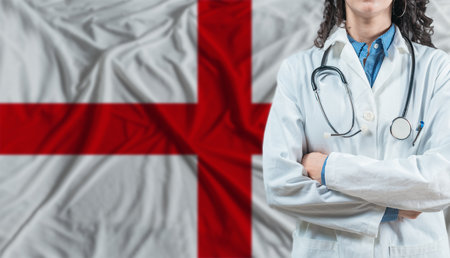 Medical professional on England flag. Healthcare and wellness in England, Conceptの写真素材