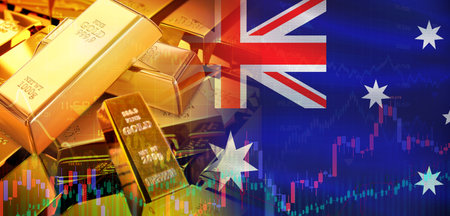 Gold bars stacked on Australian flag. Australia gold reserves, Conceptの写真素材