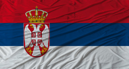 Serbian flag waving. Flag of Serbia with cloth textureの写真素材