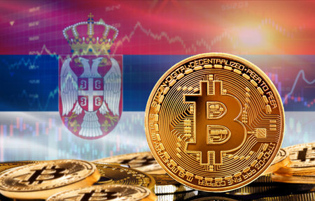 Investors in cryptocurrency and Blockchain Technology in Serbia, Concept. Bitcoin with Serbia flag in the backgroundの写真素材