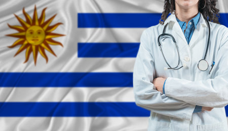 Medical professional on Uruguay flag. Healthcare and wellness in Uruguay, Conceptの写真素材