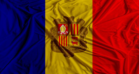 Andorran flag with fabric texture background. National flag of Andorraの写真素材