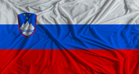 Slovenian flag with fabric texture background. National flag of Sloveniaの写真素材