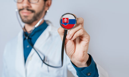 Doctor holding stethoscope with Slovakia flag. Slovakia health and care concept, Slovakia flag on stethoscopeの写真素材