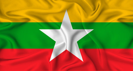 Realistic Myanmar flag waving. Close up of flag of Myanmar with cloth textureの写真素材